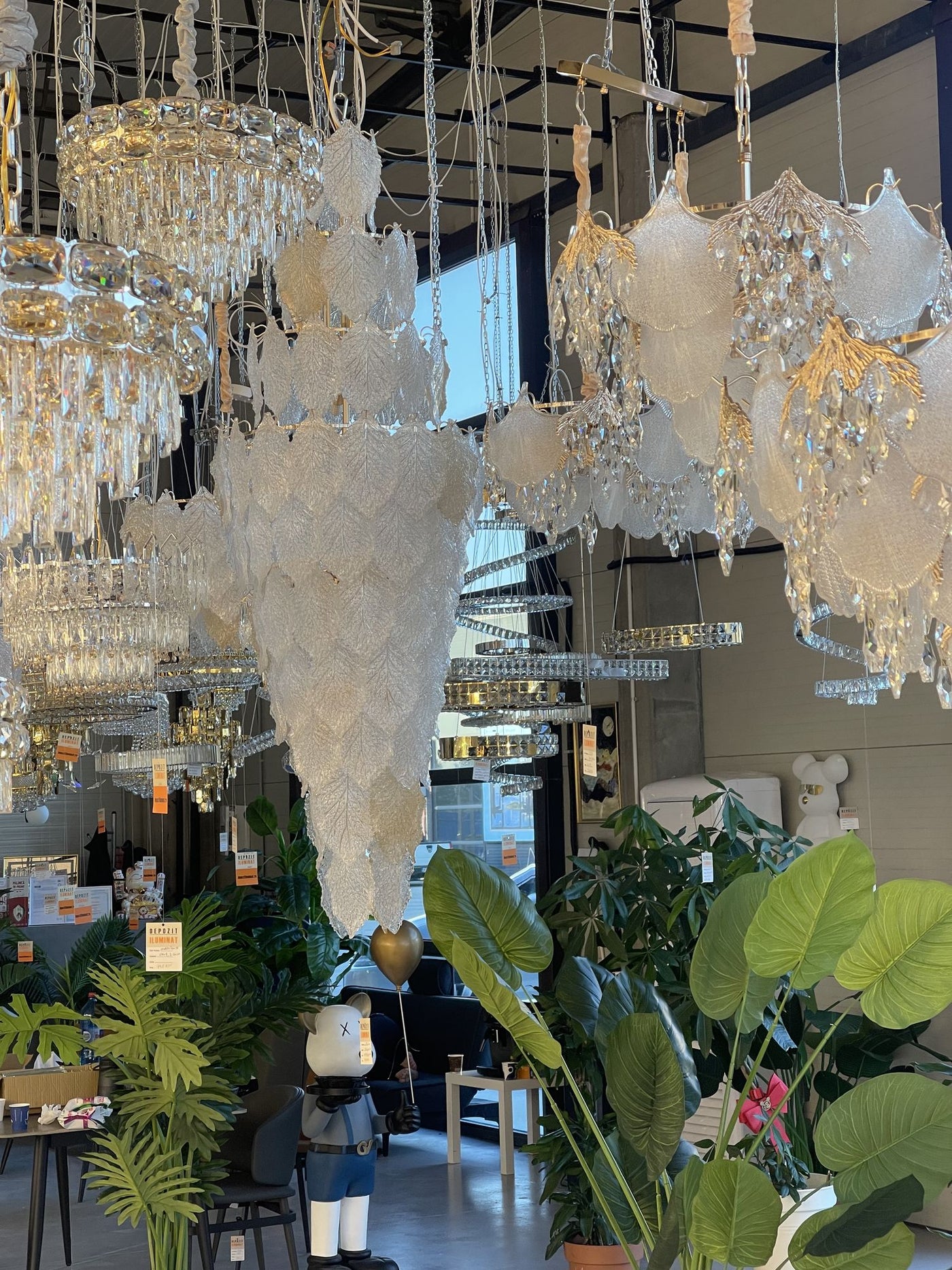 Crystal chandeliers in the Alessandro Design showroom in Afumați