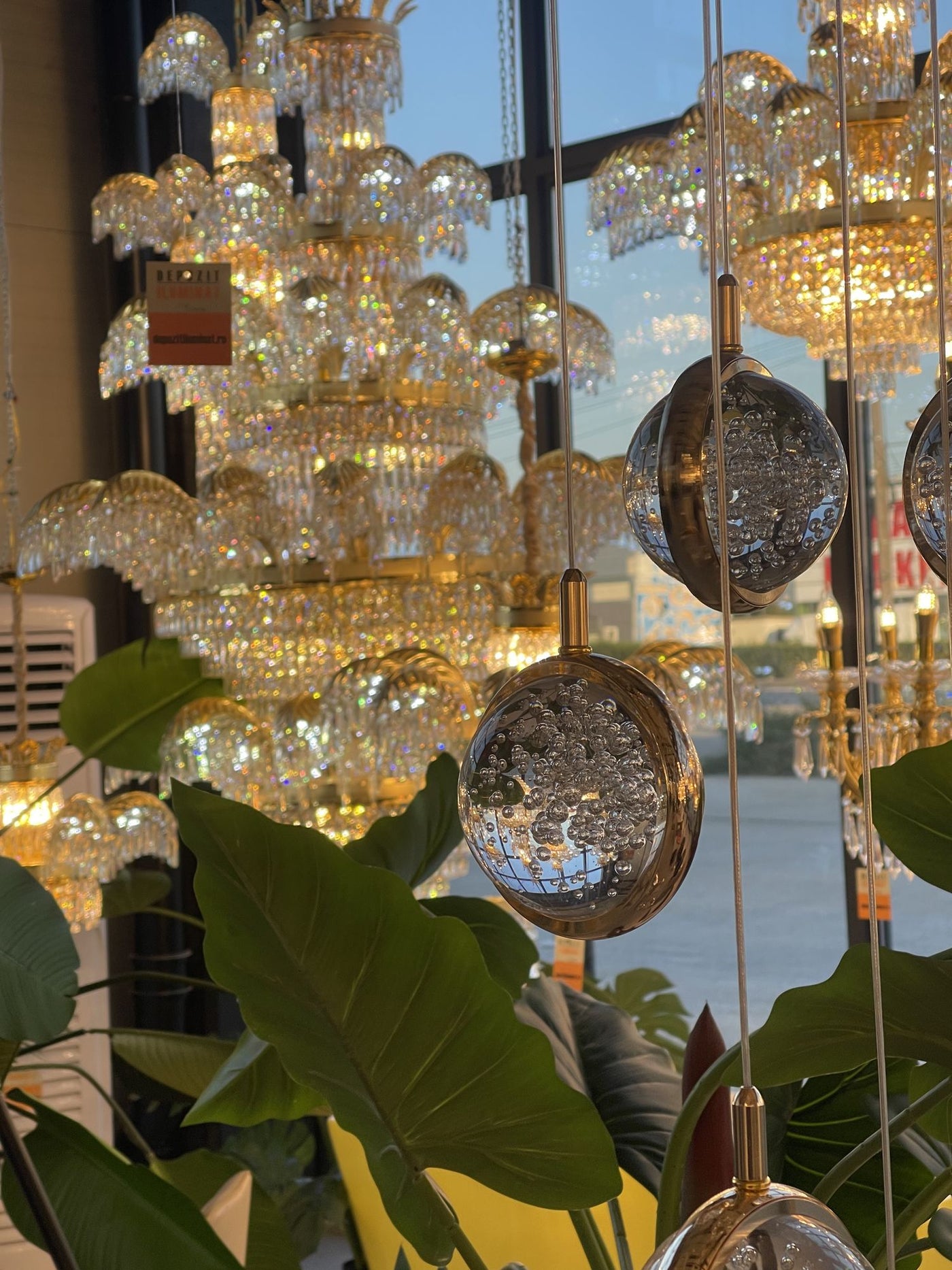 Crystal chandeliers in the Alessandro Design showroom in Afumați